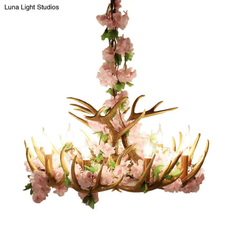Rustic Resin Hanging Lamp - Candle Living Room Pendant Light With 4/6/12 Bulbs Pink/Green Chandelier