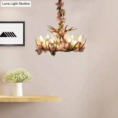 Rustic Resin Hanging Lamp - Candle Living Room Pendant Light With 4/6/12 Bulbs Pink/Green Chandelier