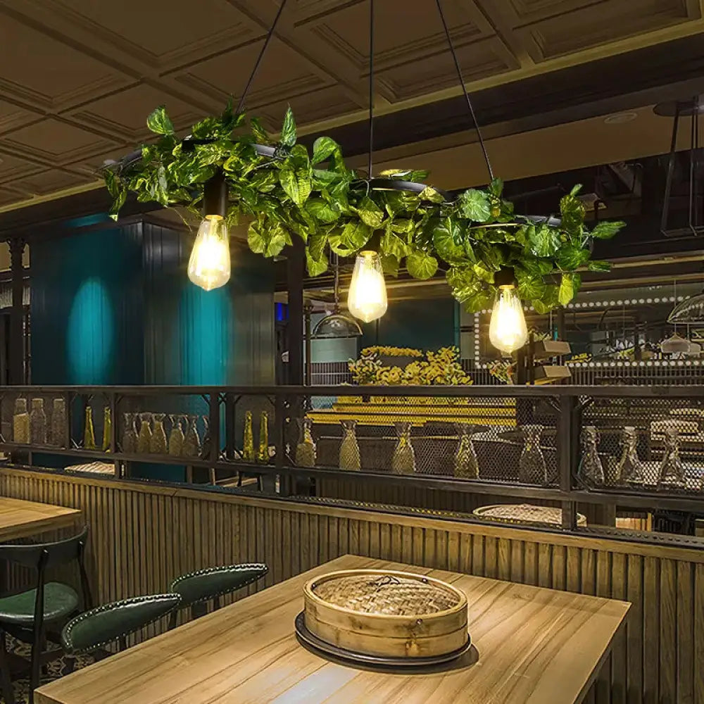 Rustic Restaurant Pendant Light Fixture With Wheel Iron Chandelier And Plant Decor 3 / Green