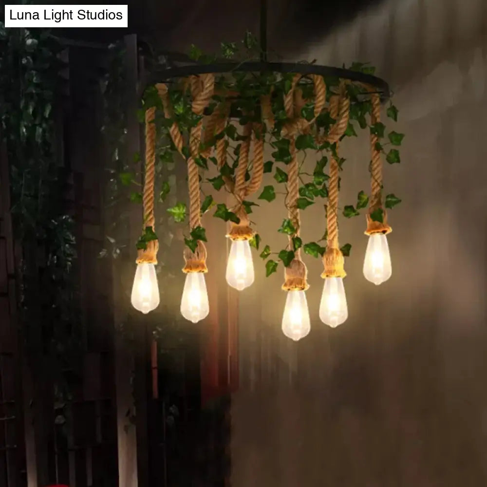 Rustic Restaurant Pendant Chandelier With Wheel Iron Design And Plant Décor 6 / Green