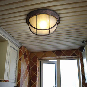 Rustic Ribbed Glass Dome Ceiling Light Fixture With Cage - Single Flush Mount Rust