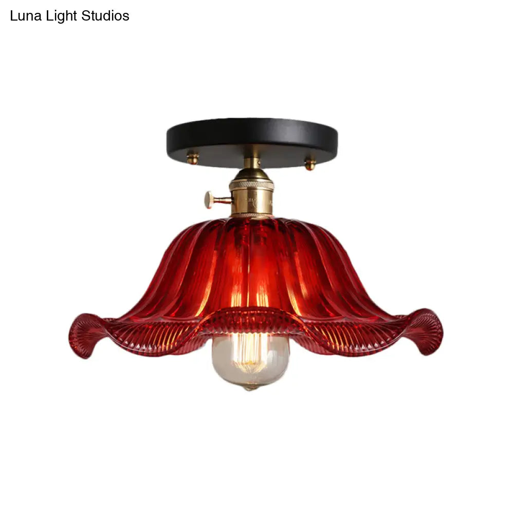 Rustic Ribbed Glass Scalloped Semi Flush Light Red/Blue/Clear 8’/10’/12’ Wide