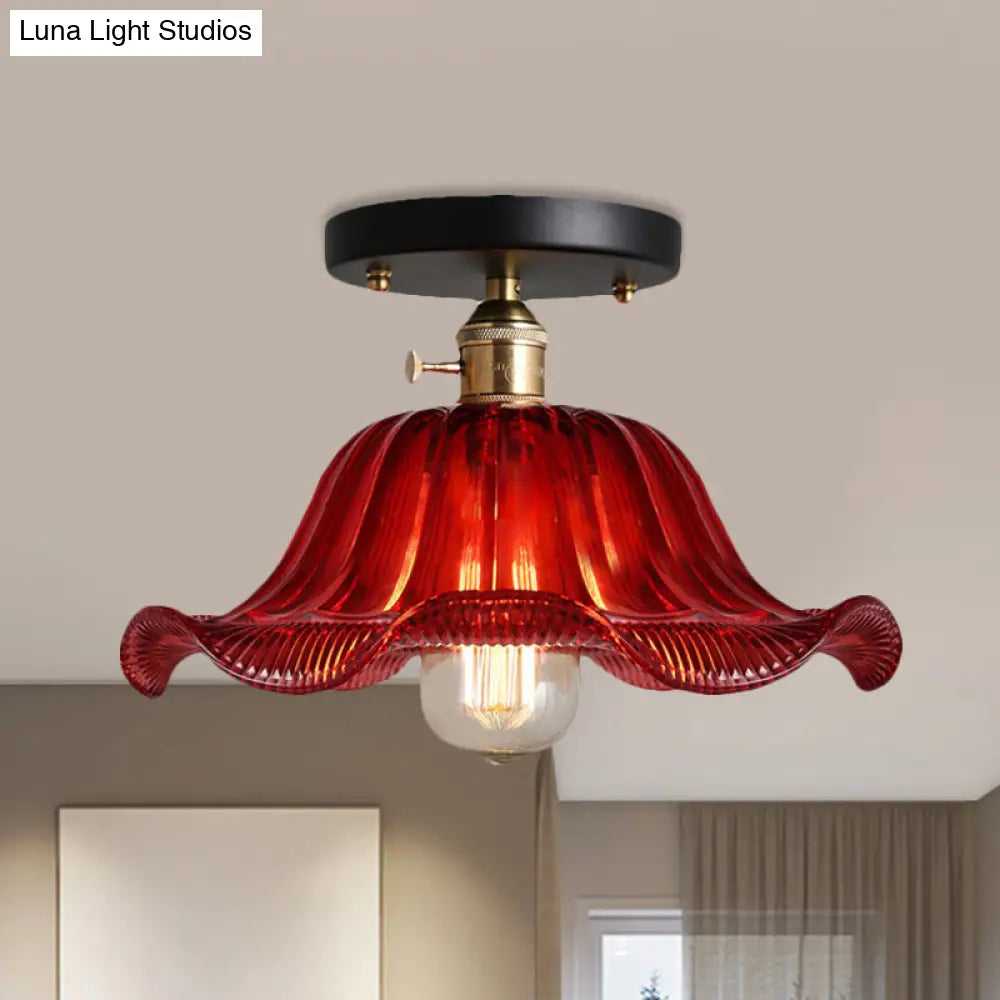 Rustic Ribbed Glass Scalloped Semi Flush Light Red/Blue/Clear 8/10/12 Wide Red / 10
