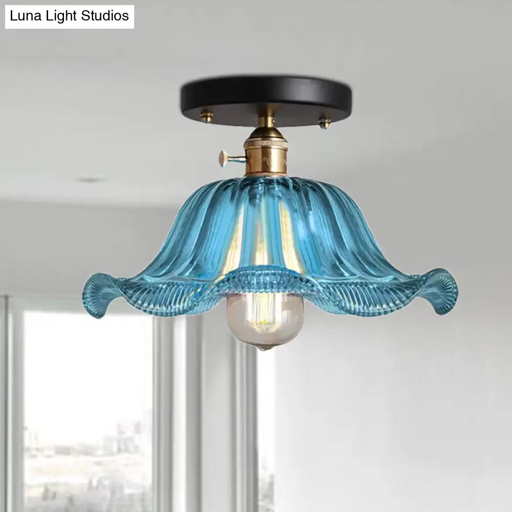 Rustic Ribbed Glass Scalloped Semi Flush Light Red/Blue/Clear 8’/10’/12’ Wide