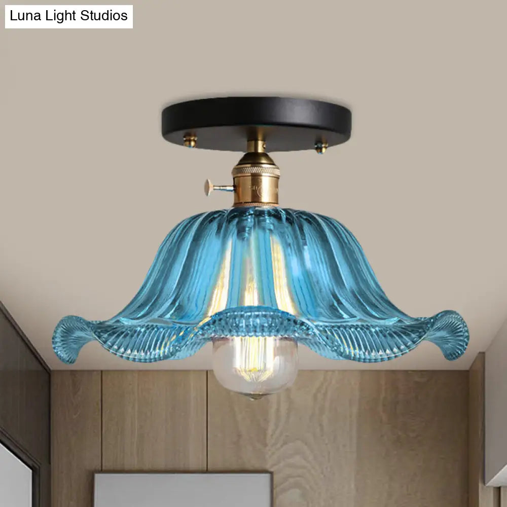Rustic Ribbed Glass Scalloped Semi Flush Light Red/Blue/Clear 8/10/12 Wide Blue / 10