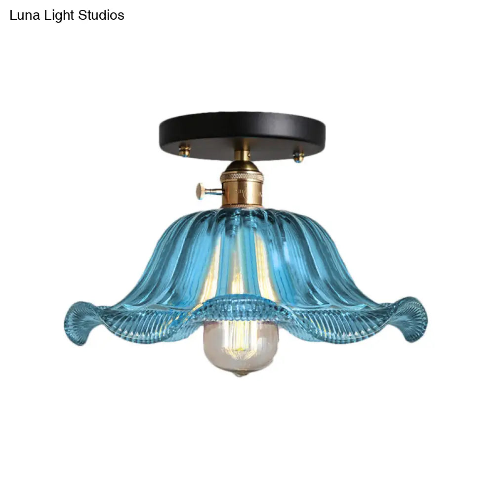 Rustic Ribbed Glass Scalloped Semi Flush Light Red/Blue/Clear 8/10/12 Wide