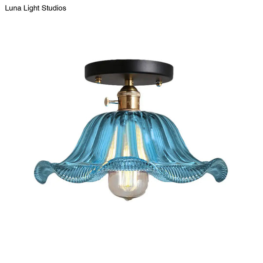 Rustic Ribbed Glass Scalloped Semi Flush Light Red/Blue/Clear 8/10/12 Wide