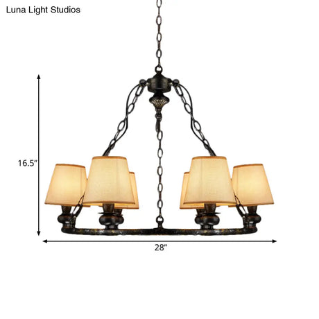 Rustic Ring Pendant Chandelier - 6-Light Fabric Ceiling Light In Black For Living Room