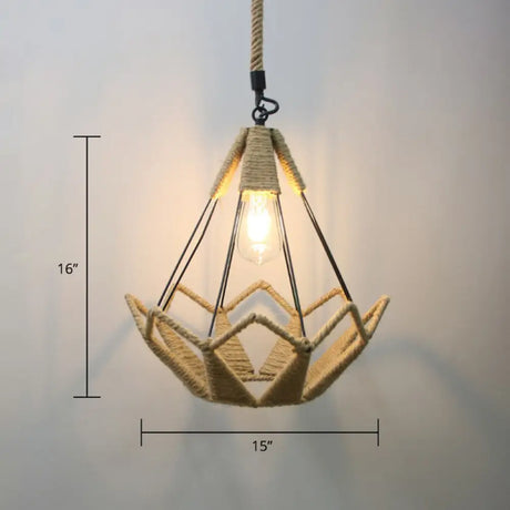 Rustic Rope Cage Pendant Light - Hand-Wrapped 1 Bulb Ceiling Lamp In Brown For Restaurants / Crown