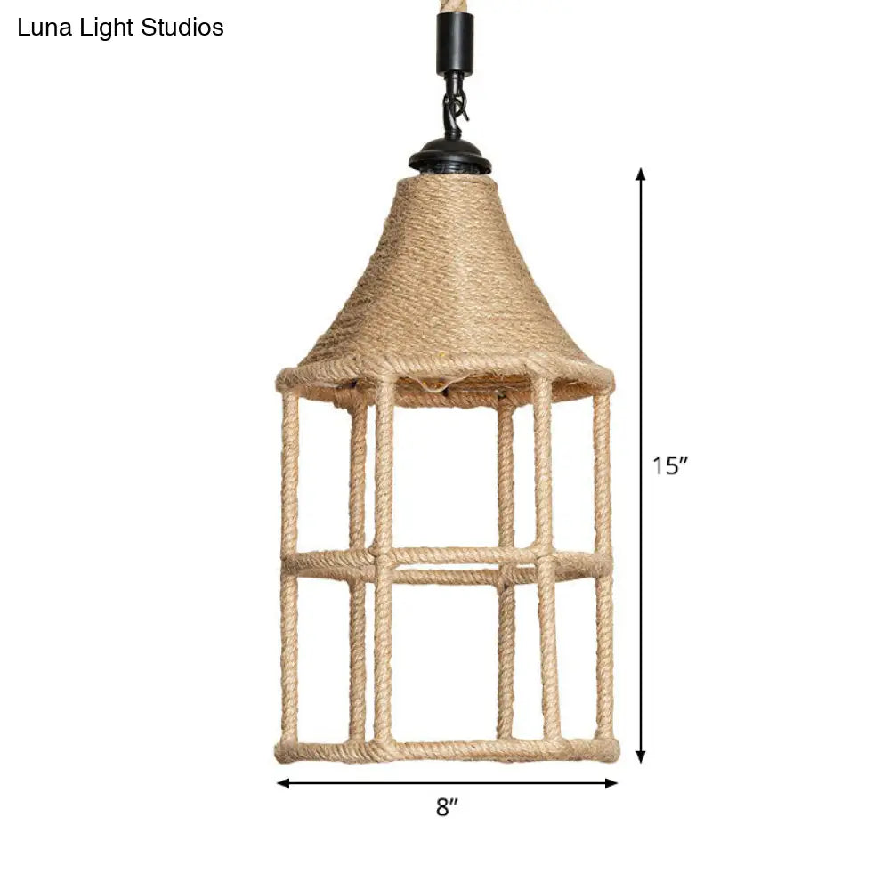 Rustic Rope Pendant Light For Dining Room - Booth Shaped Design Brown Finish Suspended Lighting
