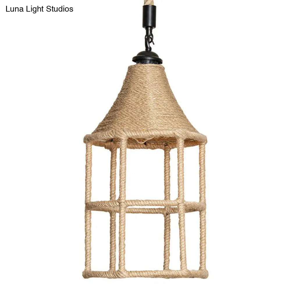 Rustic Rope Pendulum Light For Dining Room - Brown Suspended Lighting Fixture