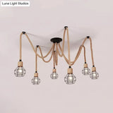 Rustic Rope Pendant Light With Spherical Cage - 6/10 Lights Brown Bistro Swag Lamp