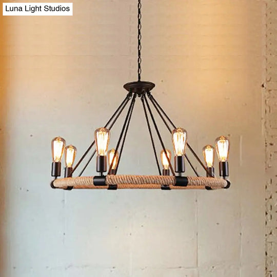 Lodge Style Roped Ring Chandelier Pendant Light With Adjustable Chain - 6/8 Heads In Black 8 /