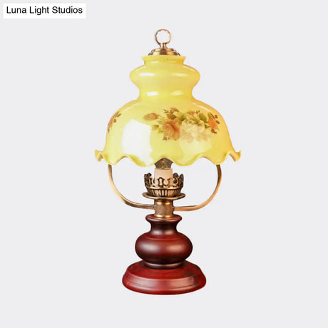 Rustic Ruffle-Brim Gourd Night Lamp With Yellow Patterned Glass - Red Brown Table Lighting