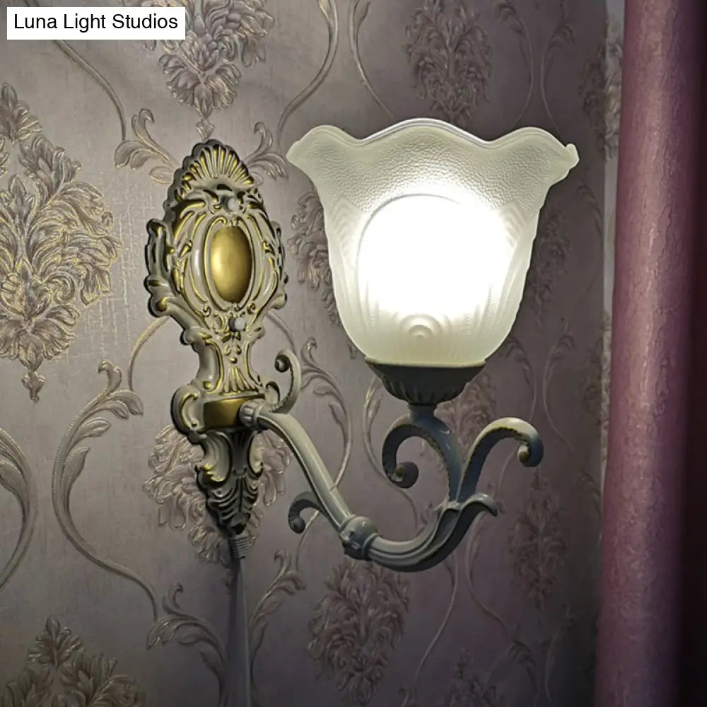 Rustic Ruffle Glass Wall Light For Living Room With Bud Shade And White Finish