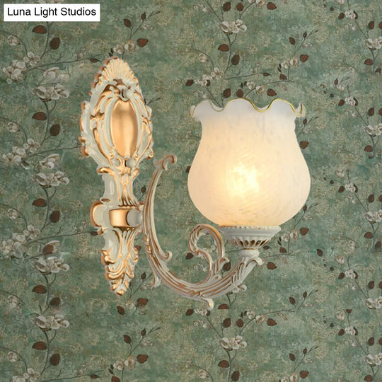 Rustic Ruffle Glass Wall Light For Living Room With Bud Shade And White Finish