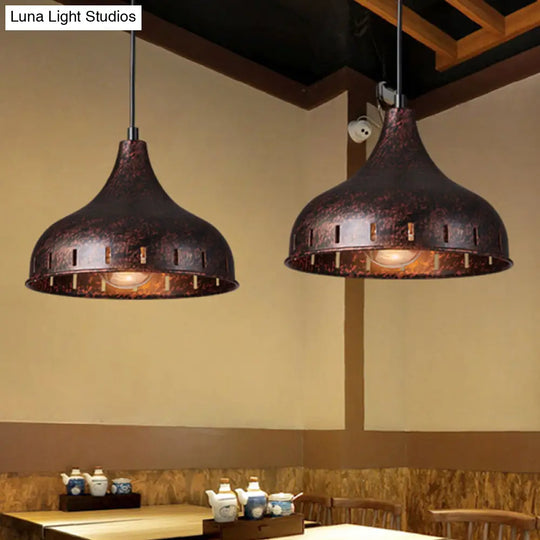 Rustic Rust Onion Pendant Light Fixture - Iron Restaurant Lamp With Hollow Design
