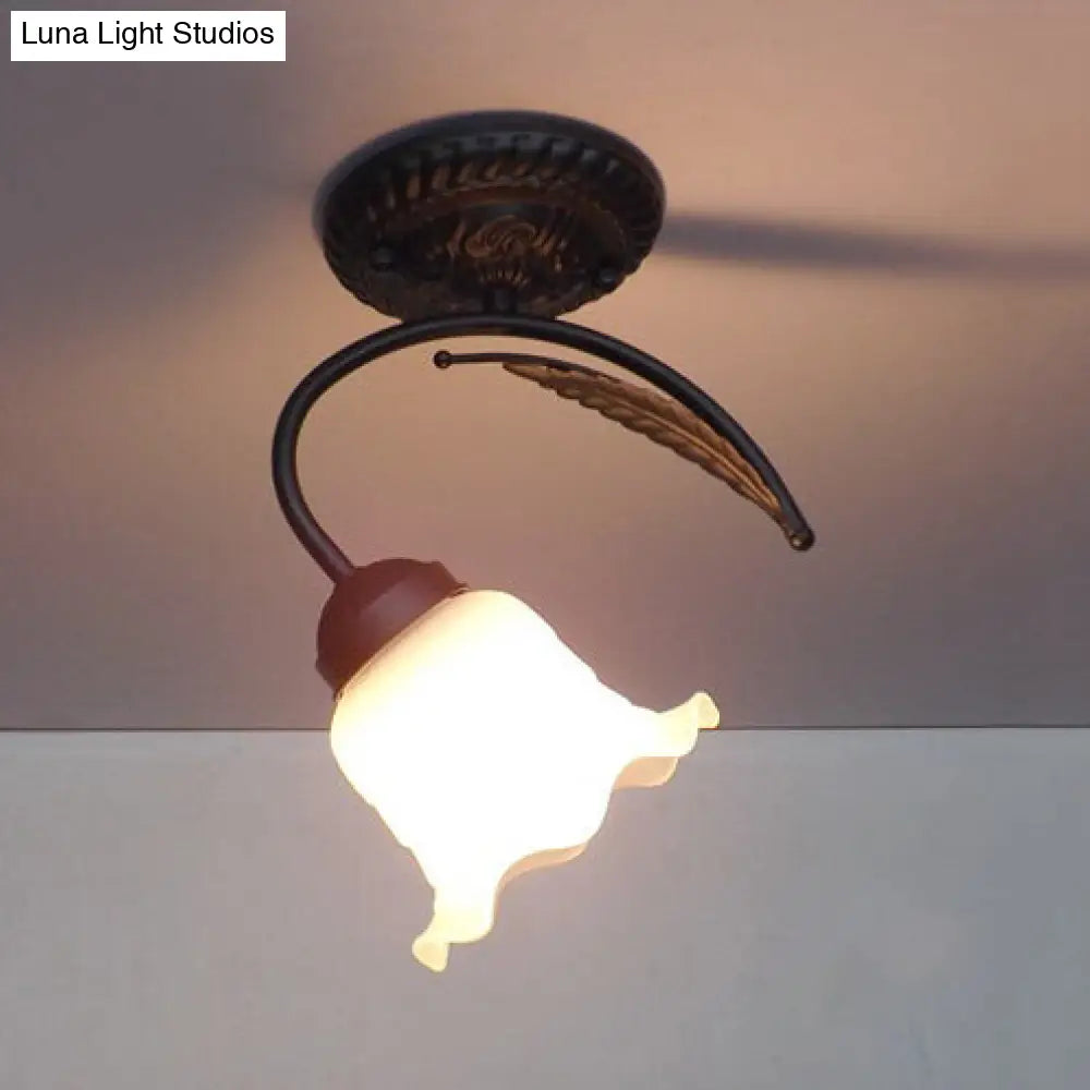 Rustic Scalloped Opal Glass Semi Flush Ceiling Light Fixture With Curved Arm In White/Black Black
