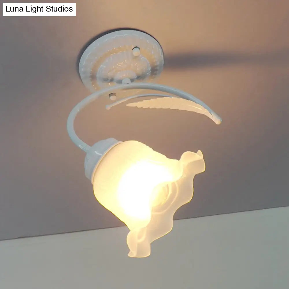 Rustic Scalloped Opal Glass Semi Flush Ceiling Light Fixture With Curved Arm In White/Black White