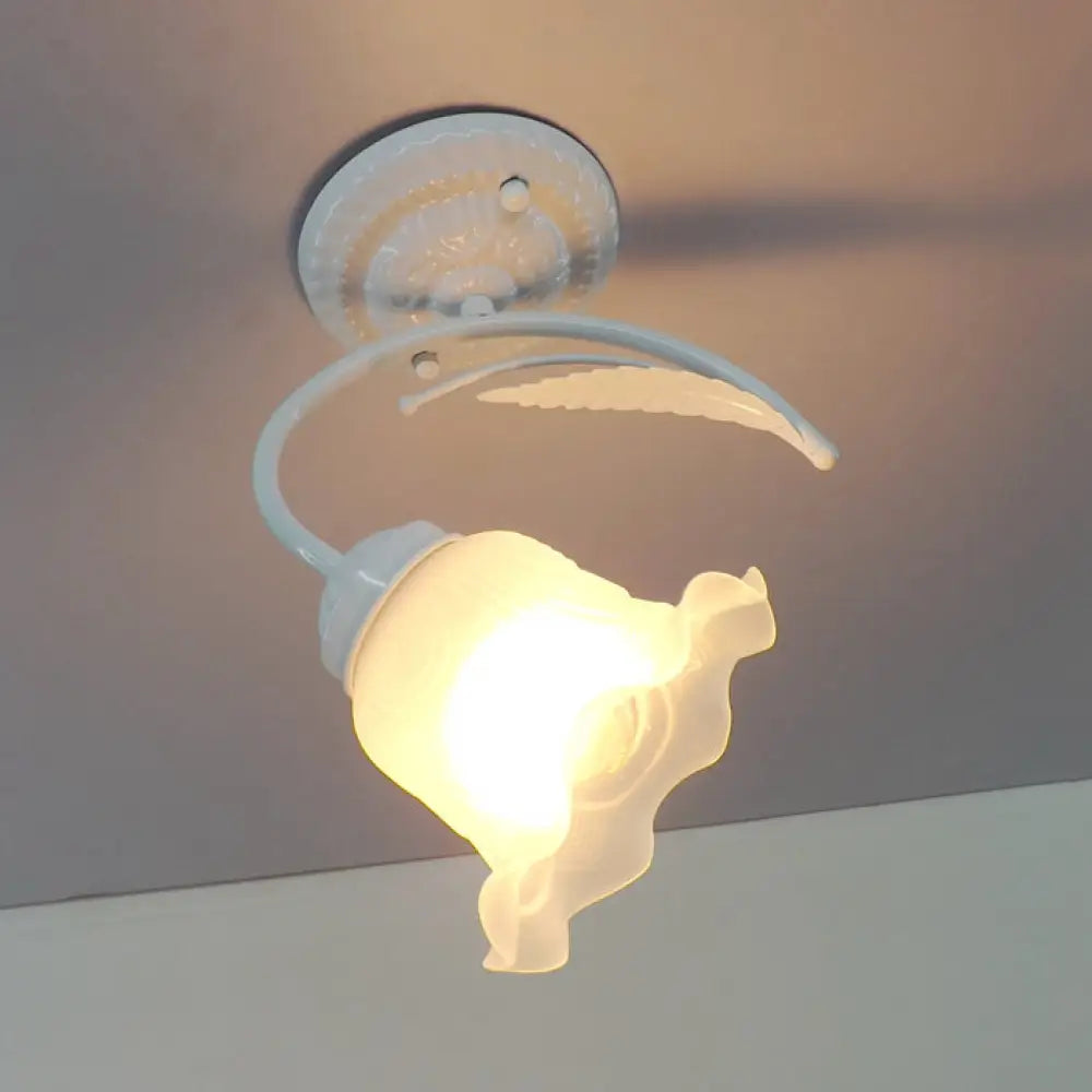 Rustic Scalloped Opal Glass Semi Flush Ceiling Light Fixture With Curved Arm In White/Black White