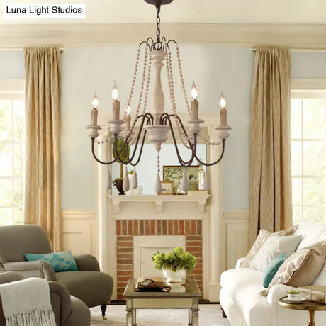 Rustic Scrolled Arm Pendant Light: Distressed Wood Chandelier For Living Room