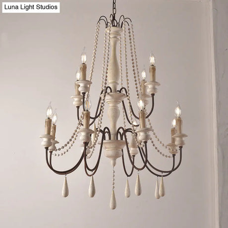 Rustic Scrolled Arm Pendant Light: Distressed Wood Chandelier For Living Room