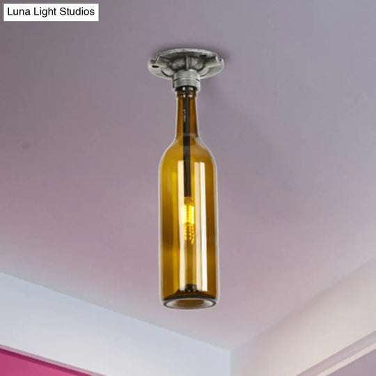 Rustic Semi Flush Bottle Glass Ceiling Light Fixture With Brown/Blue Shades For Corridor