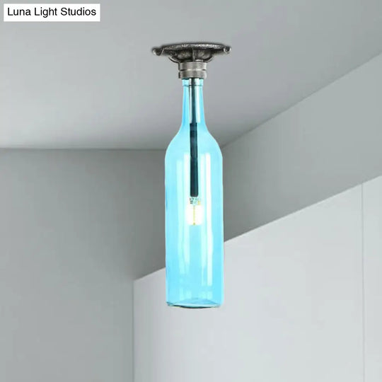 Rustic Semi Flush Bottle Glass Ceiling Light Fixture With Brown/Blue Shades For Corridor