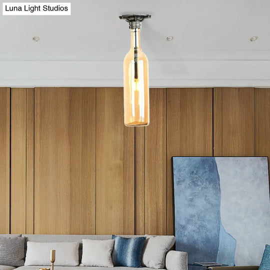 Rustic Semi Flush Bottle Glass Ceiling Light Fixture With Brown/Blue Shades For Corridor Amber