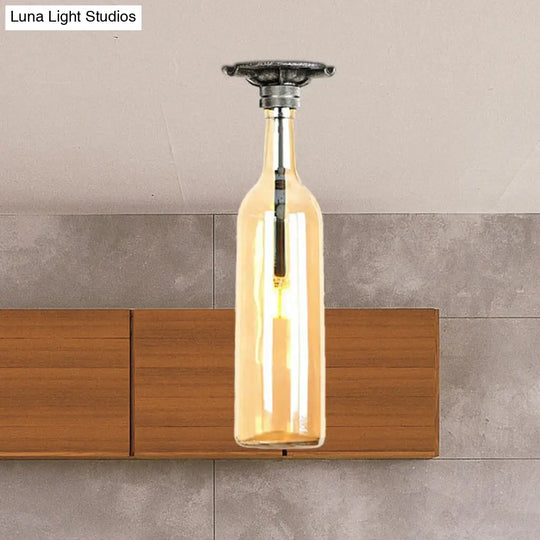 Rustic Semi Flush Bottle Glass Ceiling Light Fixture With Brown/Blue Shades For Corridor