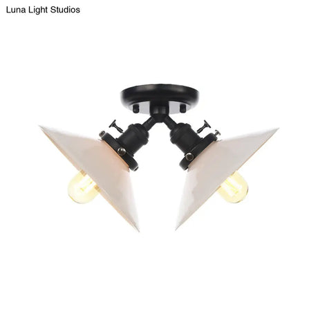 Rustic Semi Flush Ceiling Light With Flared Iron Design And 2 Bulbs - Black/Bronze Finish
