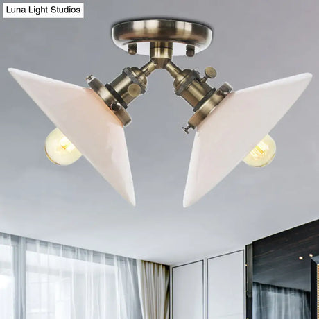 Rustic Semi Flush Ceiling Light With Flared Iron Design And 2 Bulbs - Black/Bronze Finish