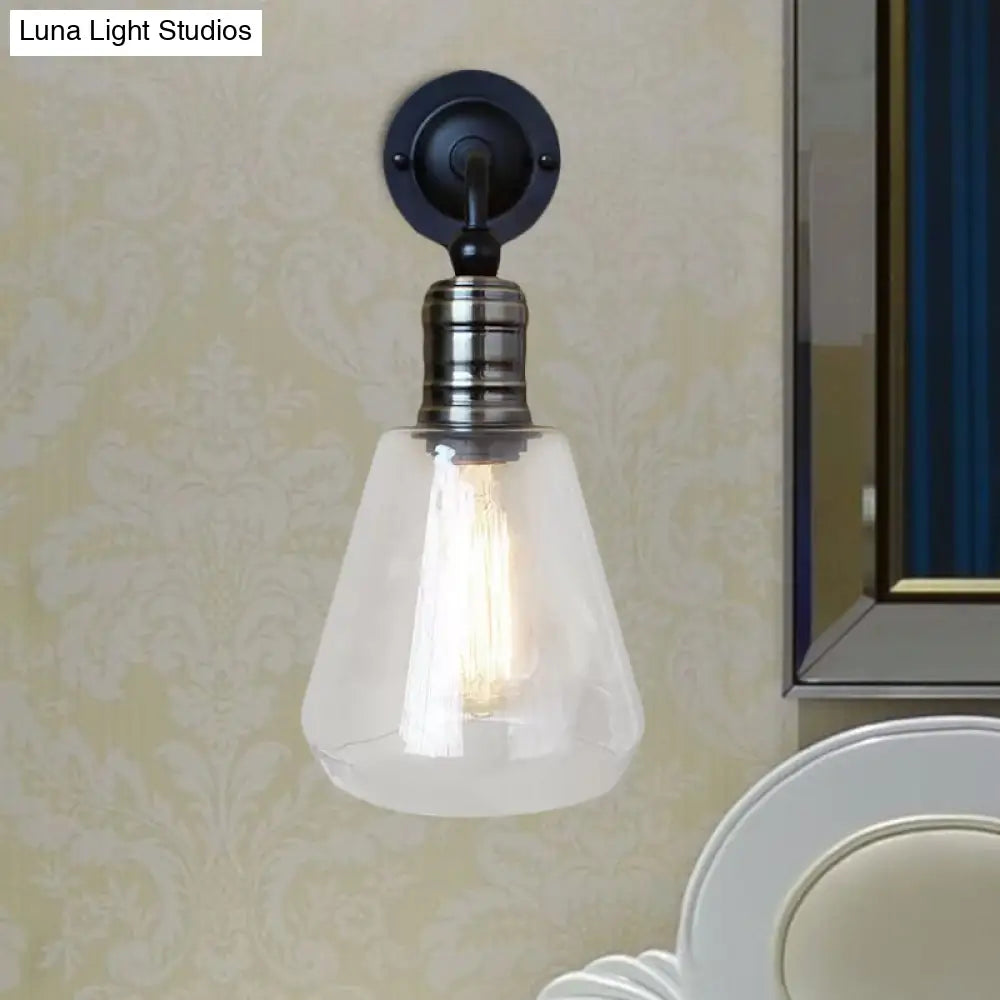 Rustic Single Bulb Clear Glass Wall Sconce Light In Black - Tapered Shade Design For Kitchen Decor