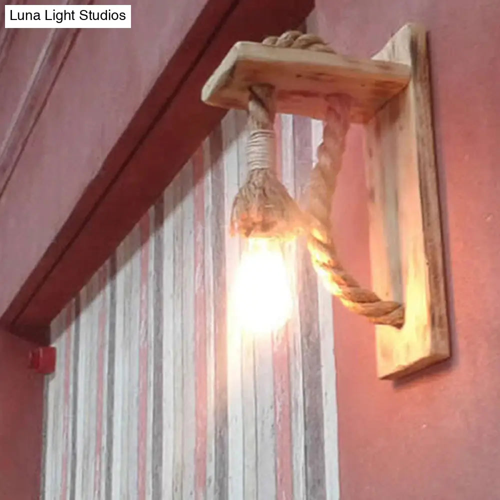 Rustic Single-Bulb Wall Lamp With Open Bulb And Roped Sconce - Wood Bracket Fixture