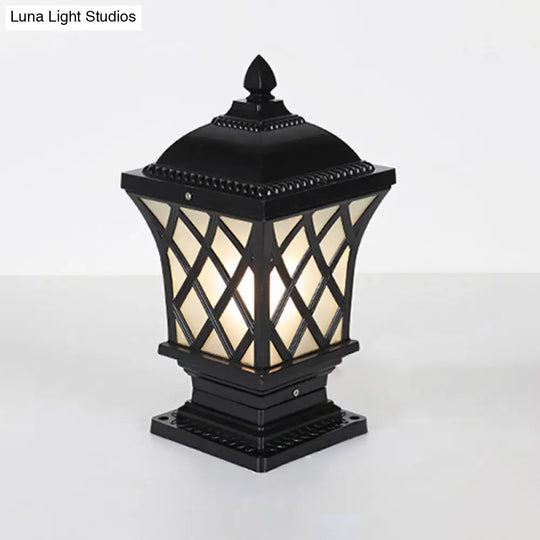 Rustic Square Pillar Lamp - 1-Light Frost Glass Post Lighting Fixture For Courtyard