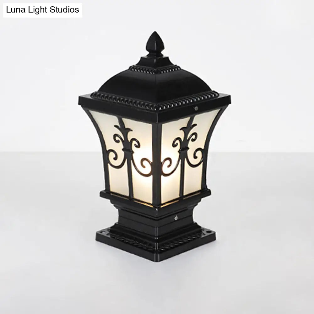 Rustic Square Pillar Lamp - 1-Light Frost Glass Post Lighting Fixture For Courtyard