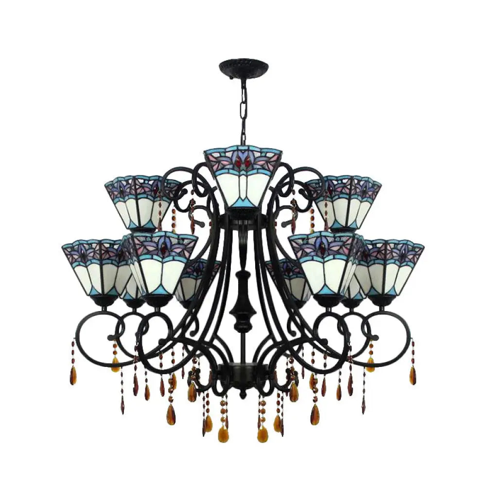 Rustic Stained Glass 11-Light Chandelier With Crystal For Stairway