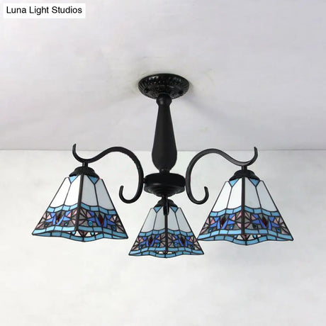Rustic Stained Glass Ceiling Light Fixture With Geometric Semi Flush Design – 3 Heads