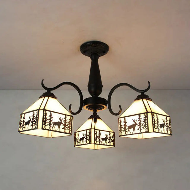 Rustic Stained Glass Ceiling Light Fixture With Geometric Semi Flush Design – 3 Heads
