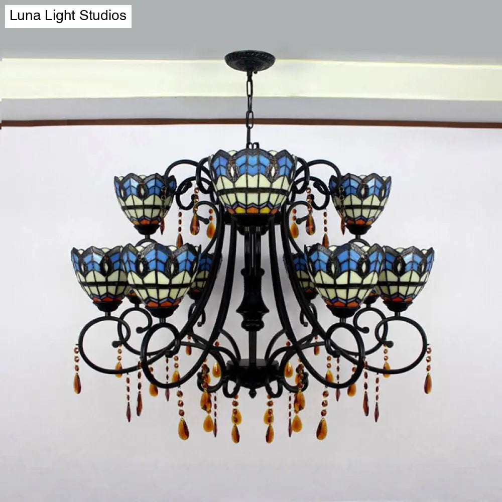 Rustic Stained Glass Chandelier With Crystal Accents – Bowl-Shaped Hanging Light Blue 11 Lights