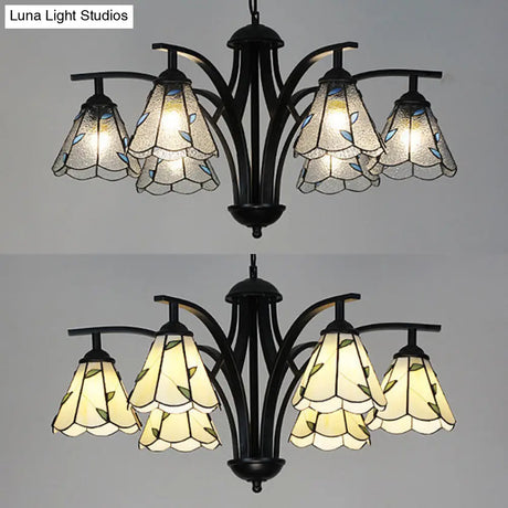 Rustic Stained Glass Chandelier With Leaf Design In Green/Blue - 6 Light Cone Hanging Fixture Black
