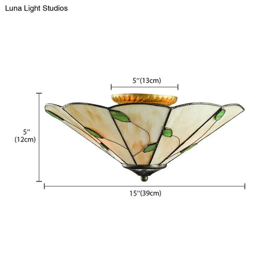 Rustic Stained Glass Flush Ceiling Light: Green Leaf Decoration 3 Lights - Foyer Lighting