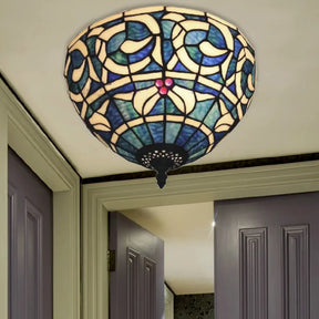 Rustic Stained Glass Flush Mount Light - 2-Light Fixture For Bedroom Blue