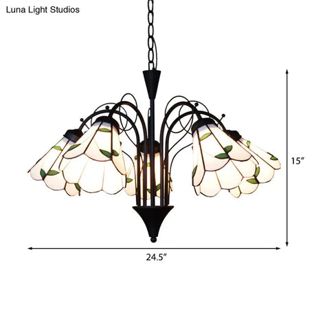 Rustic Stained Glass Leaf Chandelier With Metal Chain - 5 Light Pendant For Bedroom In Beige