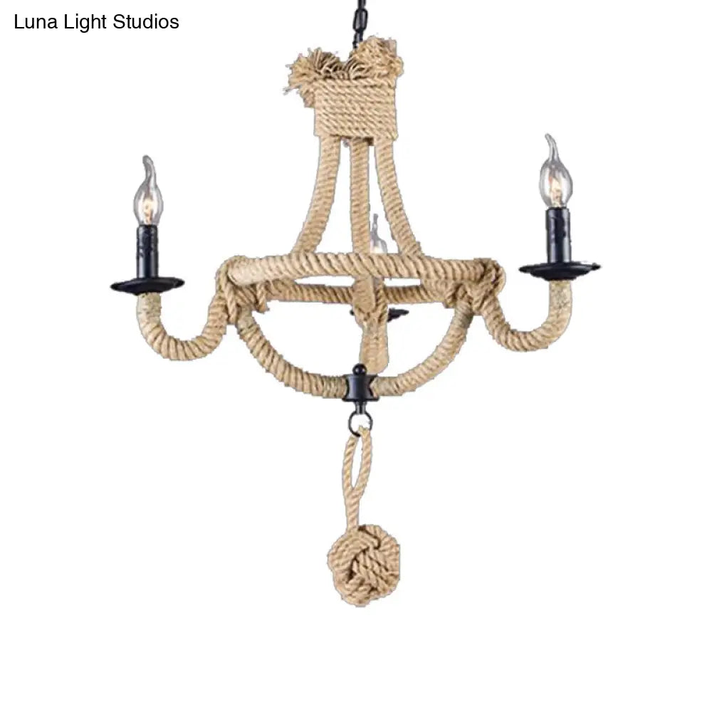 Rustic Style Candle Rope Chandelier: Beige Pendant Lighting For Dining Room (3/6 Lights)
