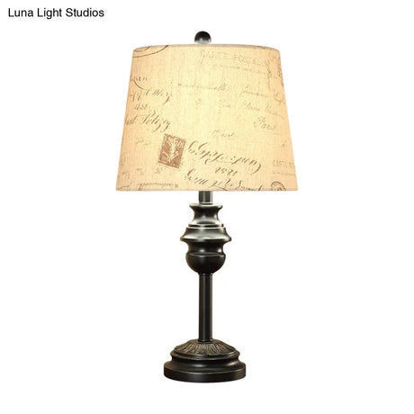 Rustic Tapered Drum Table Night Light With Single Bulb - Elegant Black Script Printed Fabric