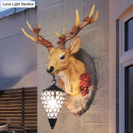 Rustic Teardrop Sconce Lamp With Crystal Wall Mounted Light Grey/Brown Resin Deer Décor