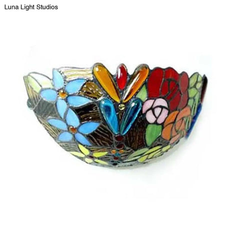 Rustic Tiffany Stained Glass Floral Wall Lighting - 2 Lights Art Deco Mount Light For Bedroom