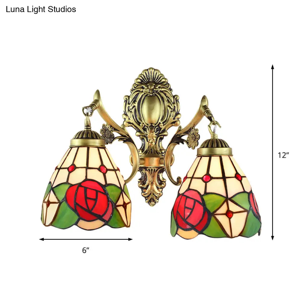 Rustic Tiffany Stained Glass Sconce Lighting - Indoor Wall Light With Aged Brass Finish