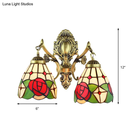 Rustic Tiffany Stained Glass Sconce Lighting - Indoor Wall Light With Aged Brass Finish